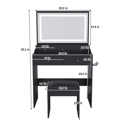 Large Black Makeup Vanity with Mirror & 5 Drawers