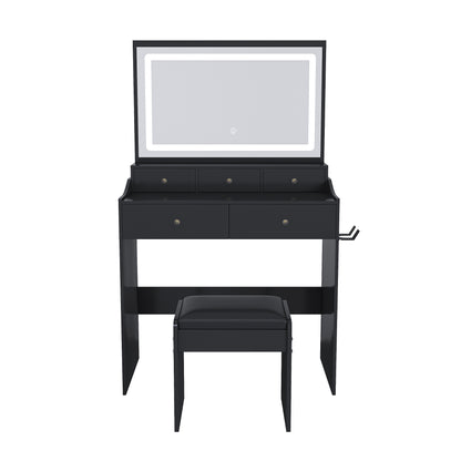Large Black Makeup Vanity with Mirror & 5 Drawers