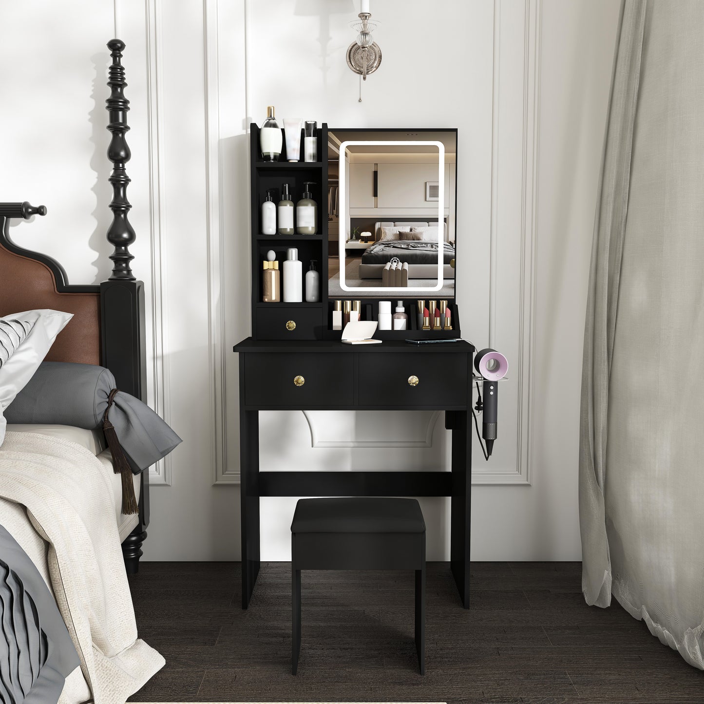 Modern small Vanity Desk ,featuring 3 modes of LED lighting with adjustable brightness, 3 drawers and multiple open storage shelves, a hair dryer holder and power socket, and a dressing chair. black