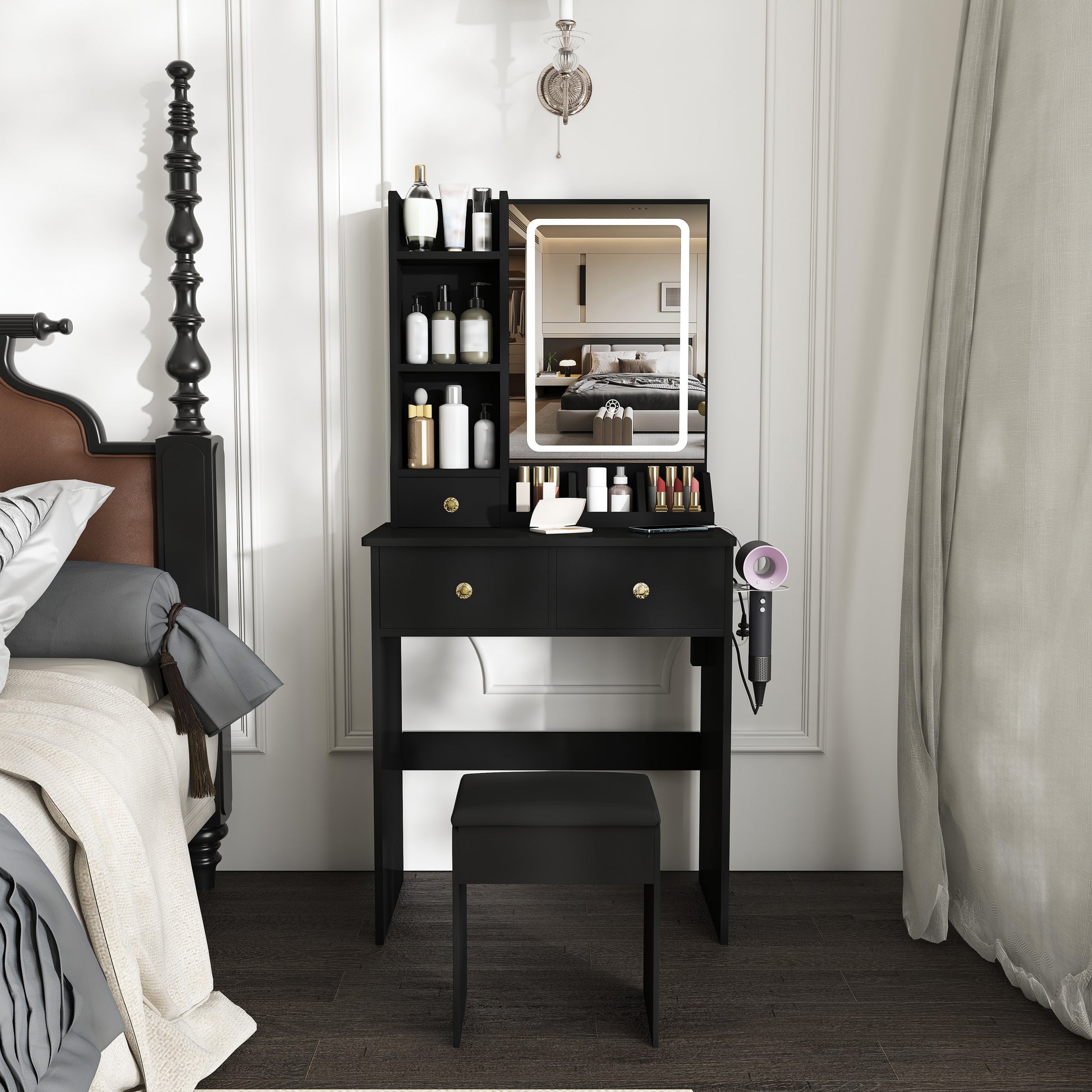 Modern small Vanity Desk ,featuring 3 modes of LED lighting with adjustable brightness, 3 drawers and multiple open storage shelves, a hair dryer holder and power socket, and a dressing chair. black
