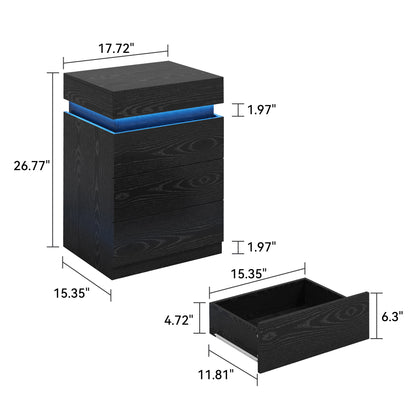 Small Black Nightstand with Charging Station & LED Light