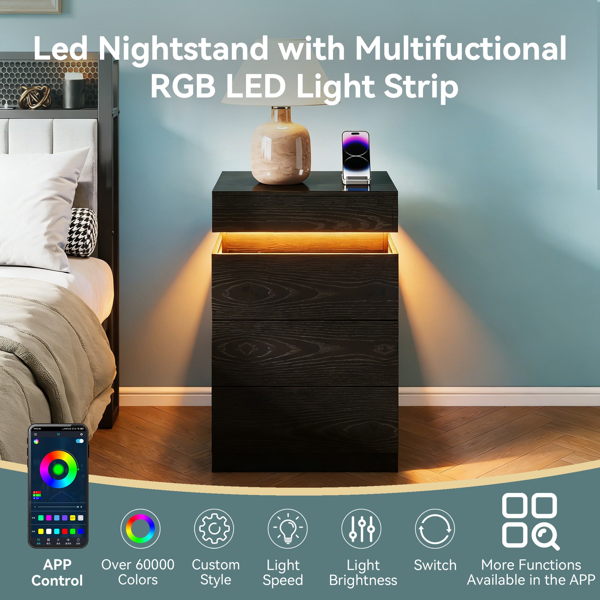 Small Black Nightstand with Charging Station & LED Light