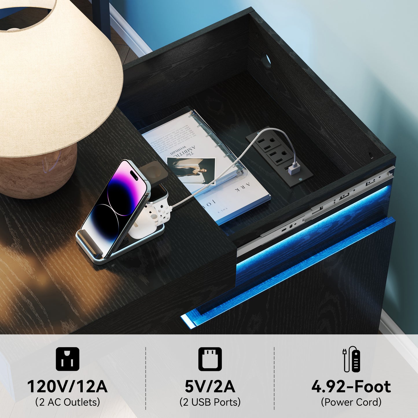 Small Black Nightstand with Charging Station & LED Light