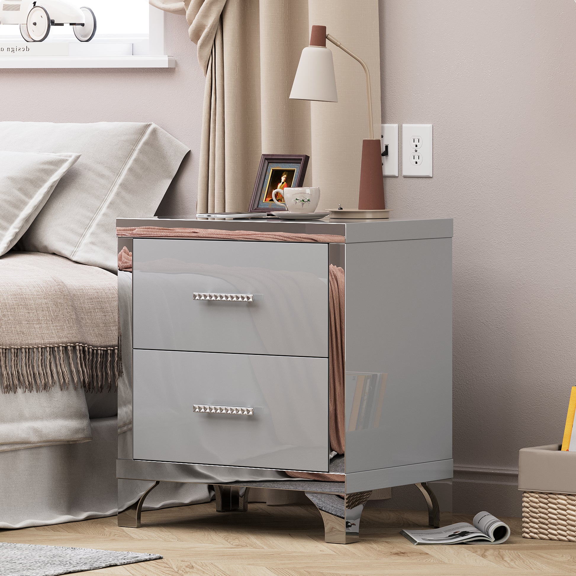 High Gloss Mirrored Nightstand with 2 Drawers,Modern End Table with Drawers,Mirrored High Gloss Wood Nightstand Metal Handle Bedside End Table for Bedroom, Dorm,Living Room,Grey
