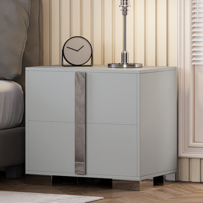 Modern End Table with Drawers, Elegant Nightstand with Metal Foot,Wood Bedside Table with Mirrored Metal Handles,Sofa Side End Table for Bedroom Living Room Office,Grey