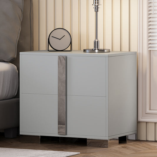 Modern End Table with Drawers, Elegant Nightstand with Metal Foot,Wood Bedside Table with Mirrored Metal Handles,Sofa Side End Table for Bedroom Living Room Office,Grey