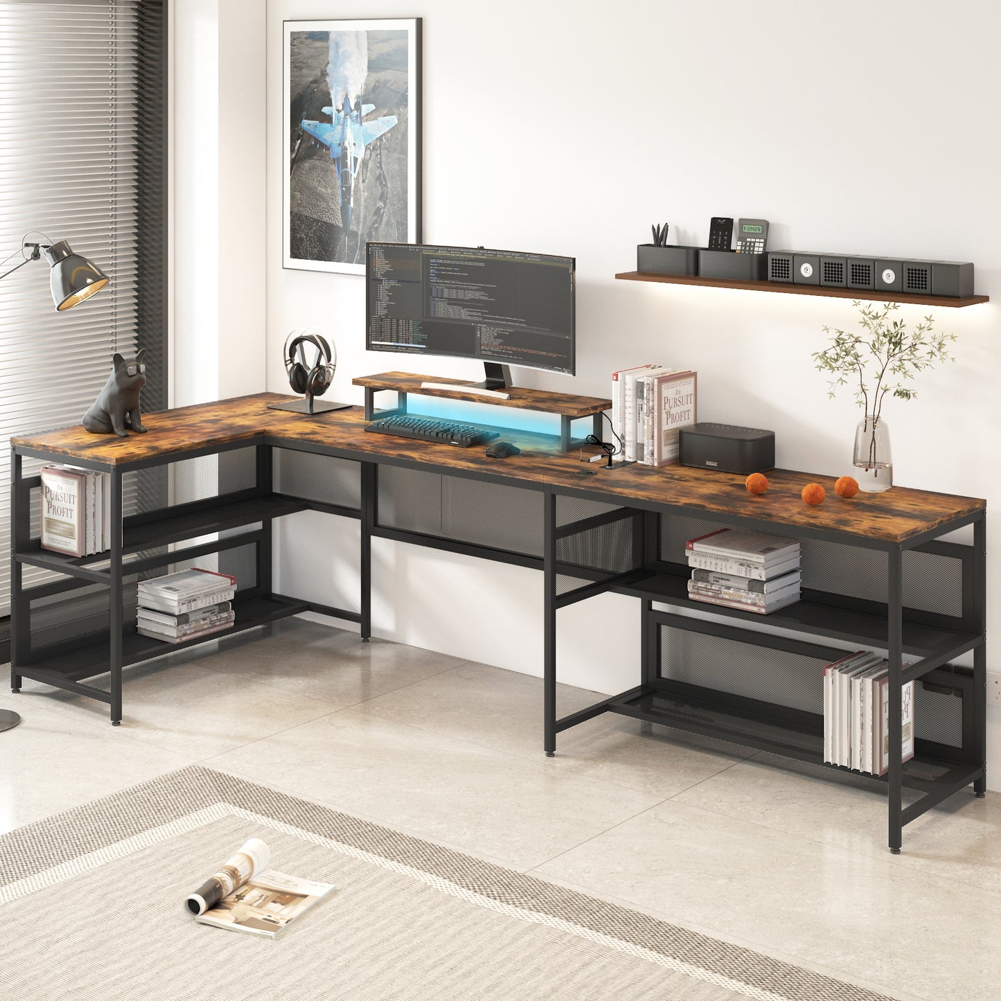 U Shaped Desk with LED Lights - 82" Office Workstation