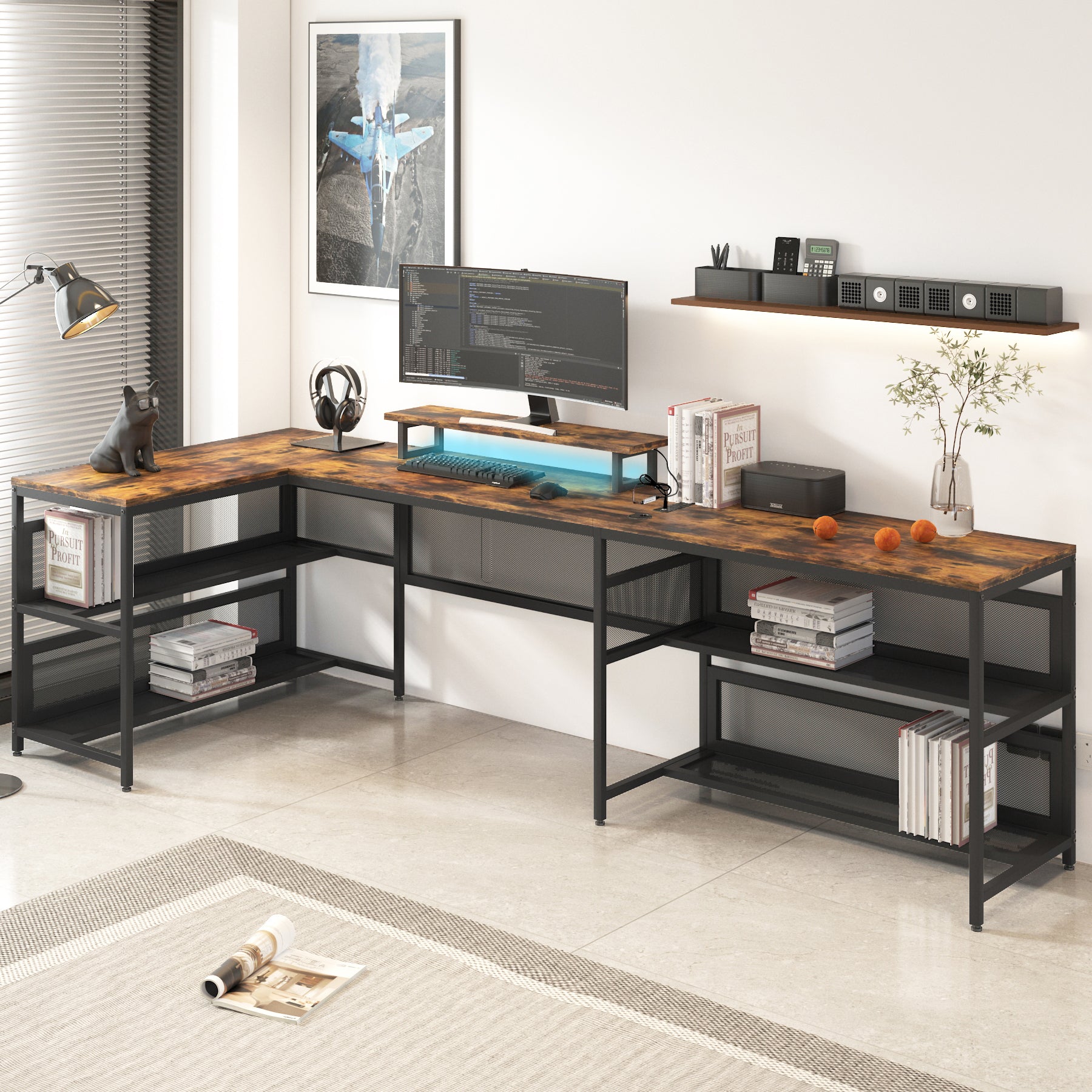 U Shaped Desk with LED Lights - 82" Office Workstation