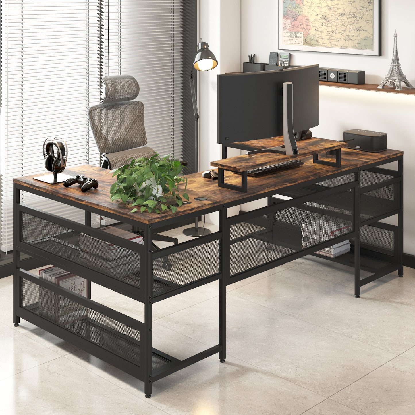U Shaped Desk with LED Lights - 82" Office Workstation