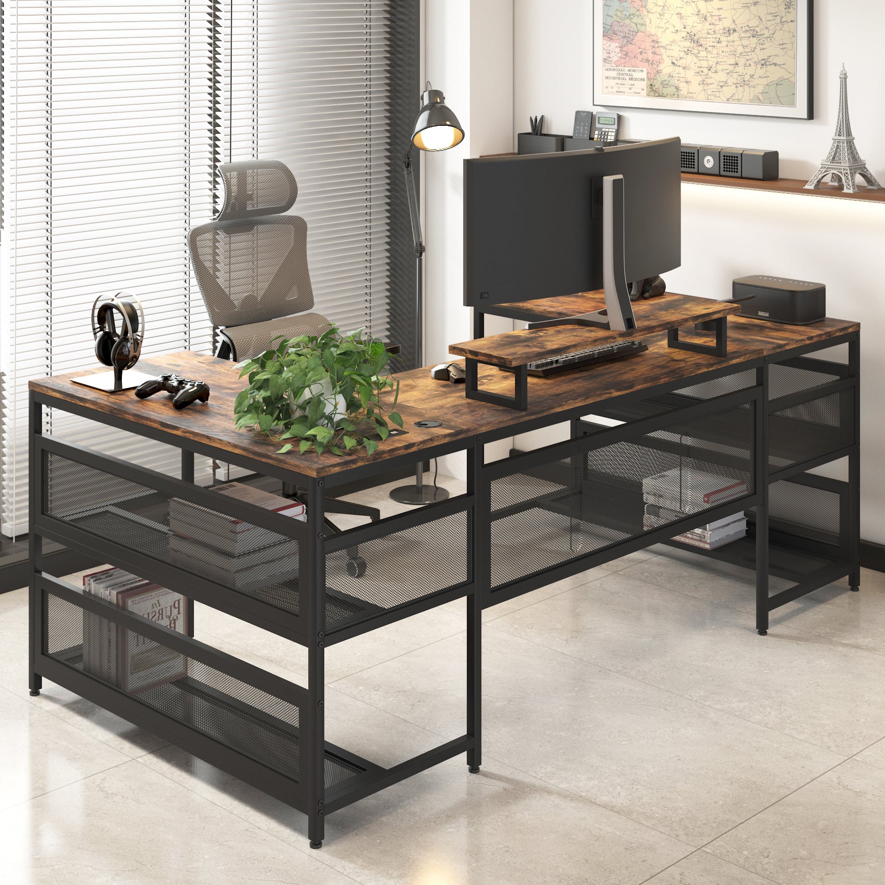 U Shaped Desk with LED Lights - 82" Office Workstation