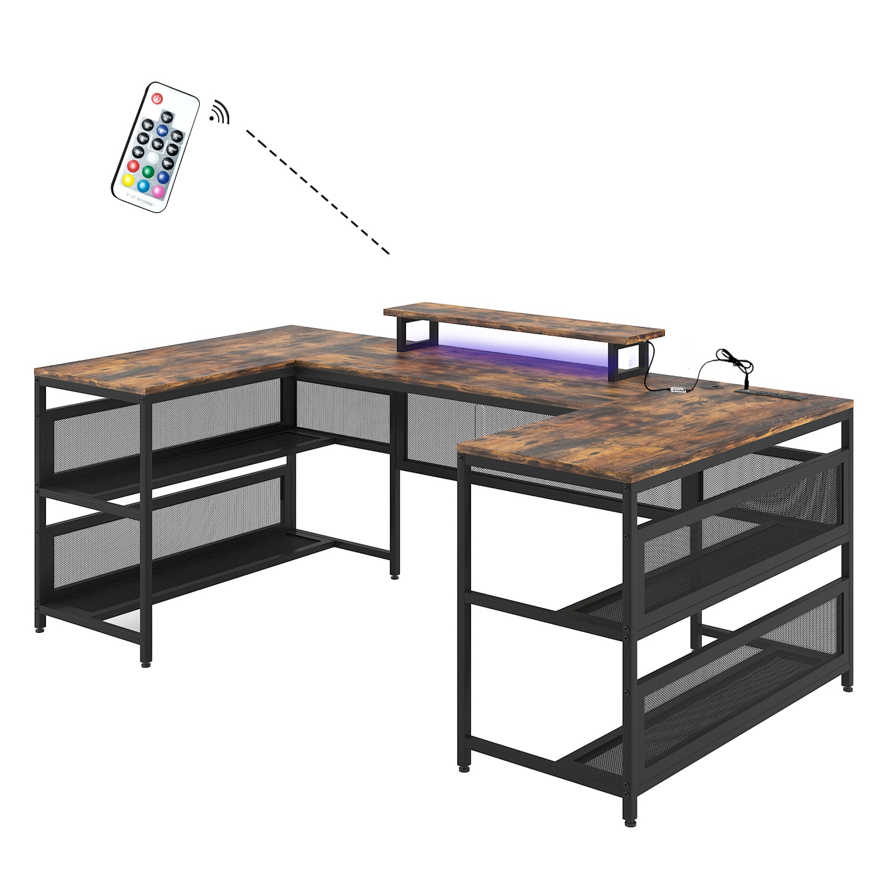 U Shaped Desk with LED Lights - 82" Office Workstation