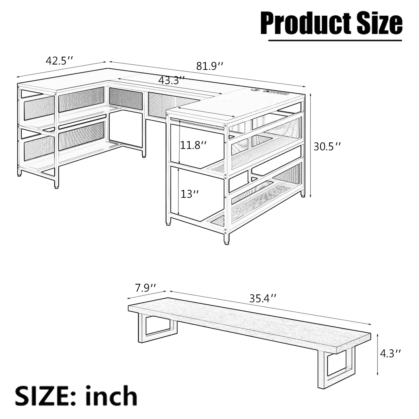 U Shaped Desk with LED Lights - 82" Office Workstation