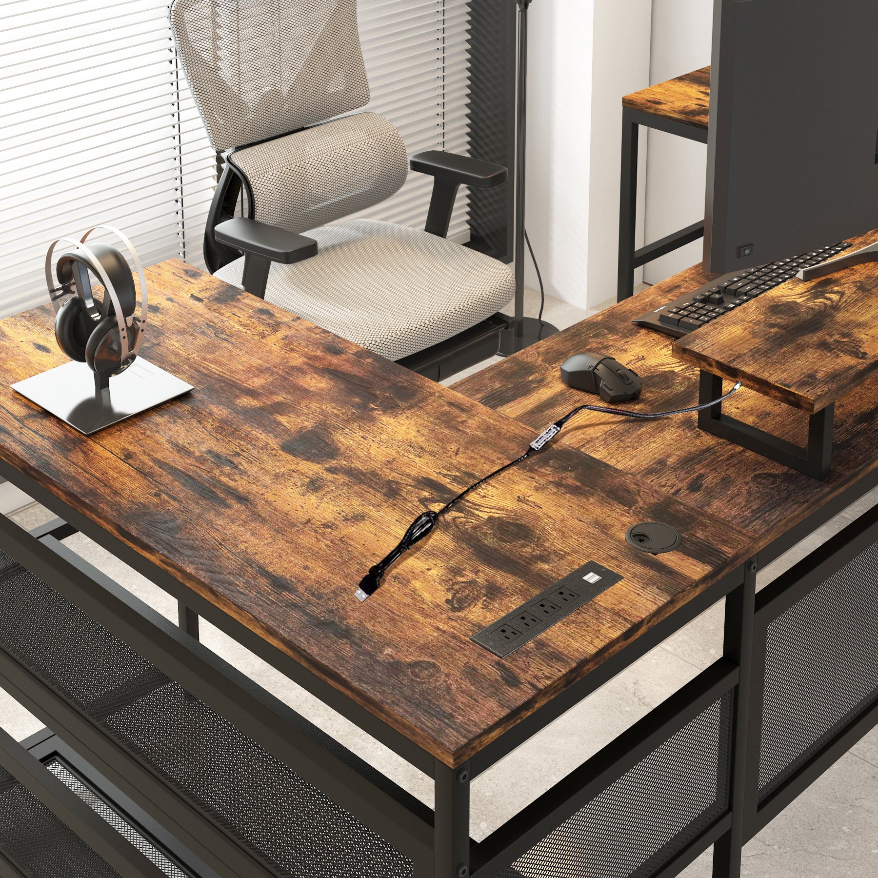 U Shaped Desk with LED Lights - 82" Office Workstation