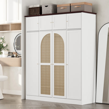 70.87"Tall 8-Door Large Capacity Armoire Wardrobe Closet with Hanging Rod, Adjustable Shelves and Rattan Decorative Doors, Clothing Storage Cabinet for Bedroom, walk-in closet, Living Room, White