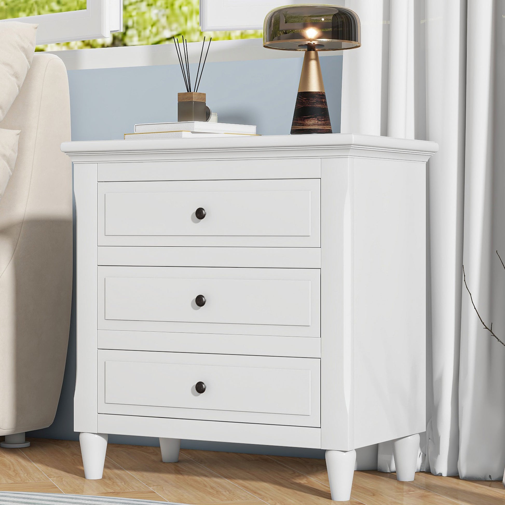 White 28" Nightstand with 3 Drawers - MDF Nightstand for Bedroom