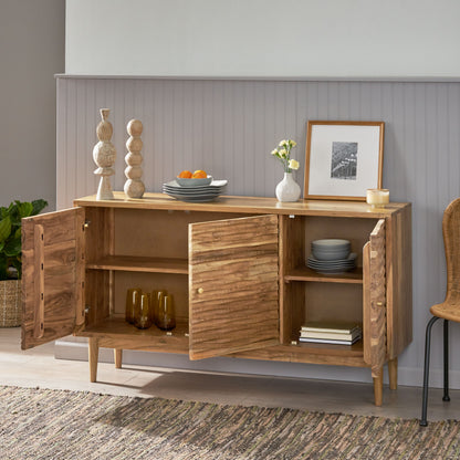 Natural Acacia Wood Sideboard with 3 Door Storage for Living Room
