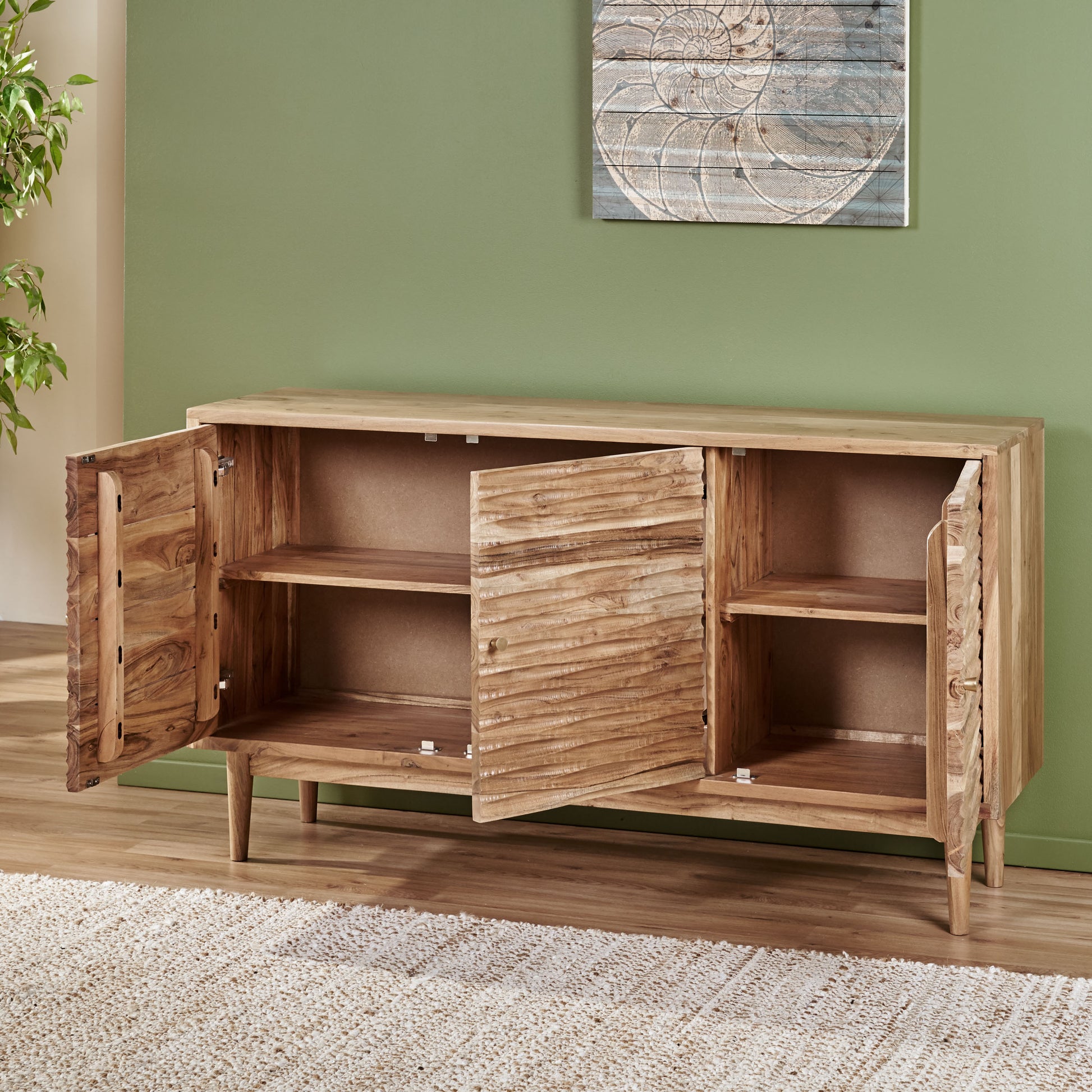 Natural Acacia Wood Sideboard with 3 Door Storage for Living Room