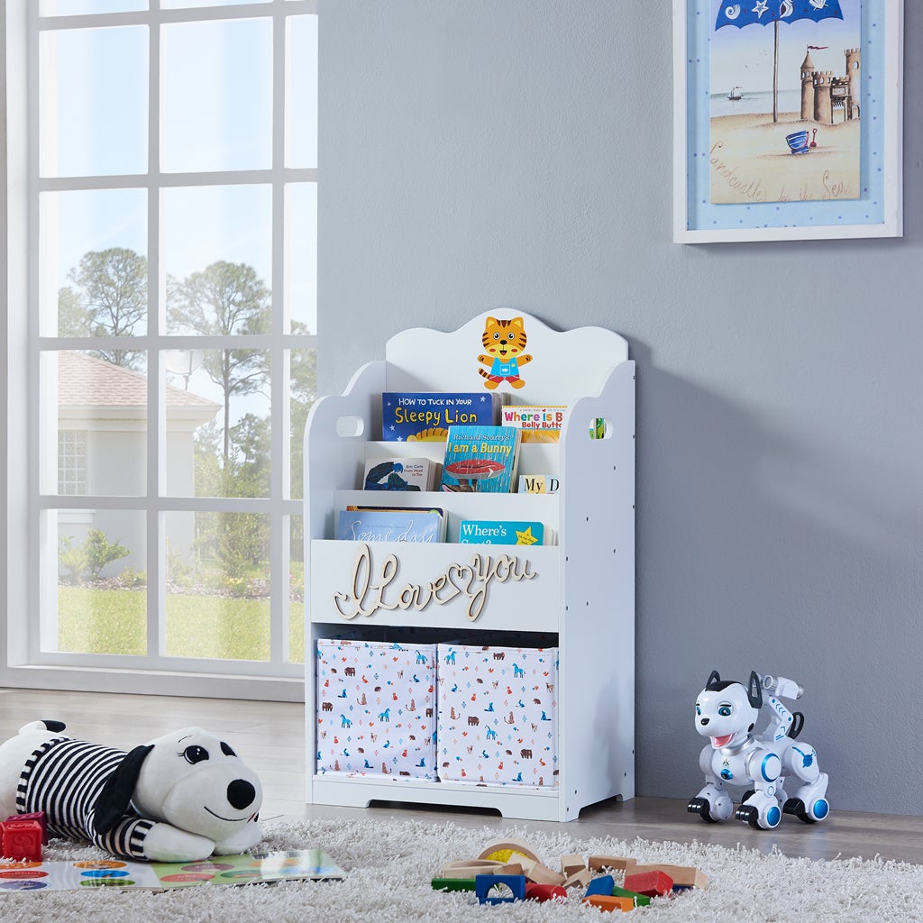 White Kids Bookcase Bed with Toy Storage