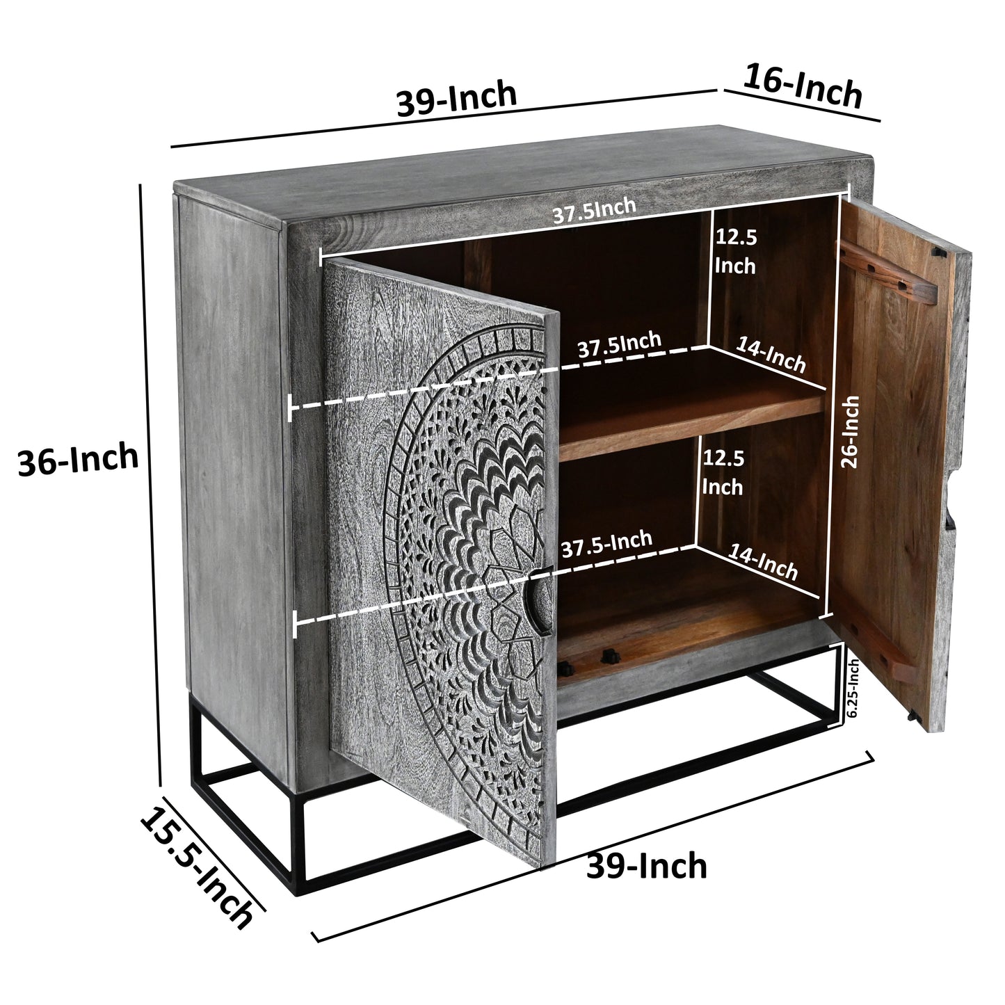39 Inch Gray Wood Accent Cabinet with Doors & Shelves