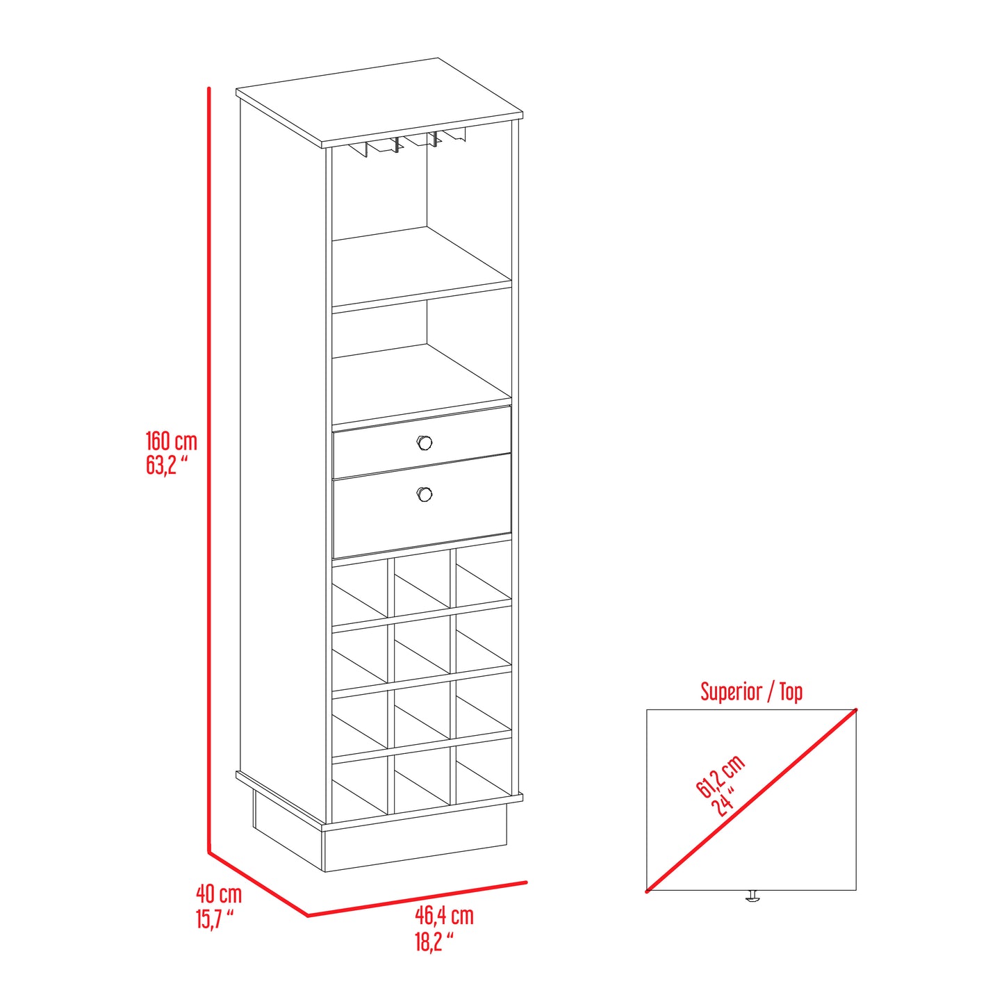 Wenge 12 Bottle Bar Cabinet - 18.2" W x 15.7" D x 63.2" H