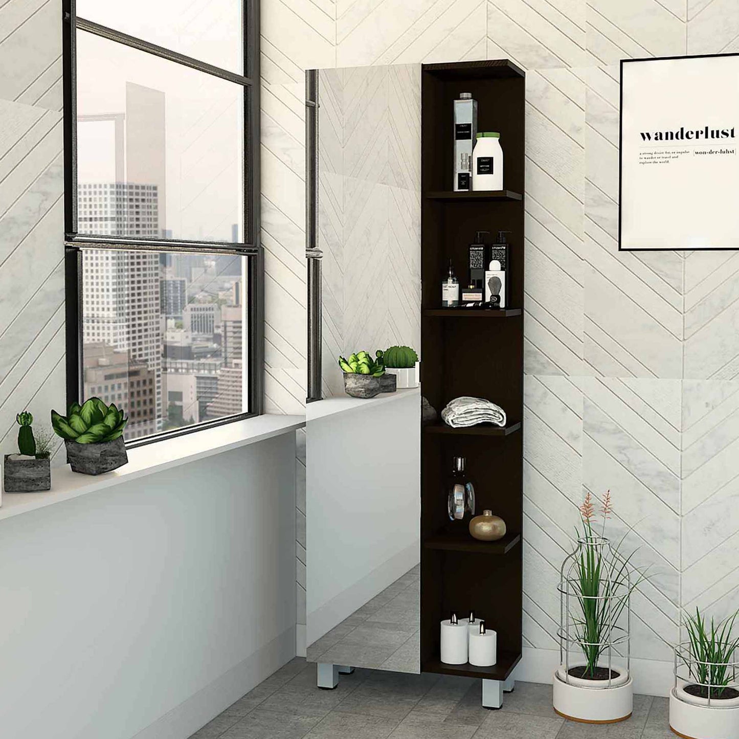 Wenge 5-Shelf Linen Cabinet with Mirror