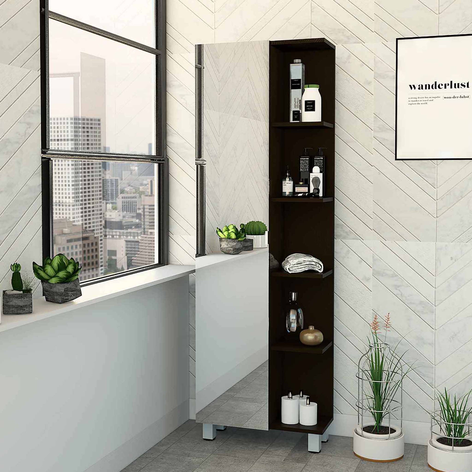 Wenge 5-Shelf Linen Cabinet with Mirror
