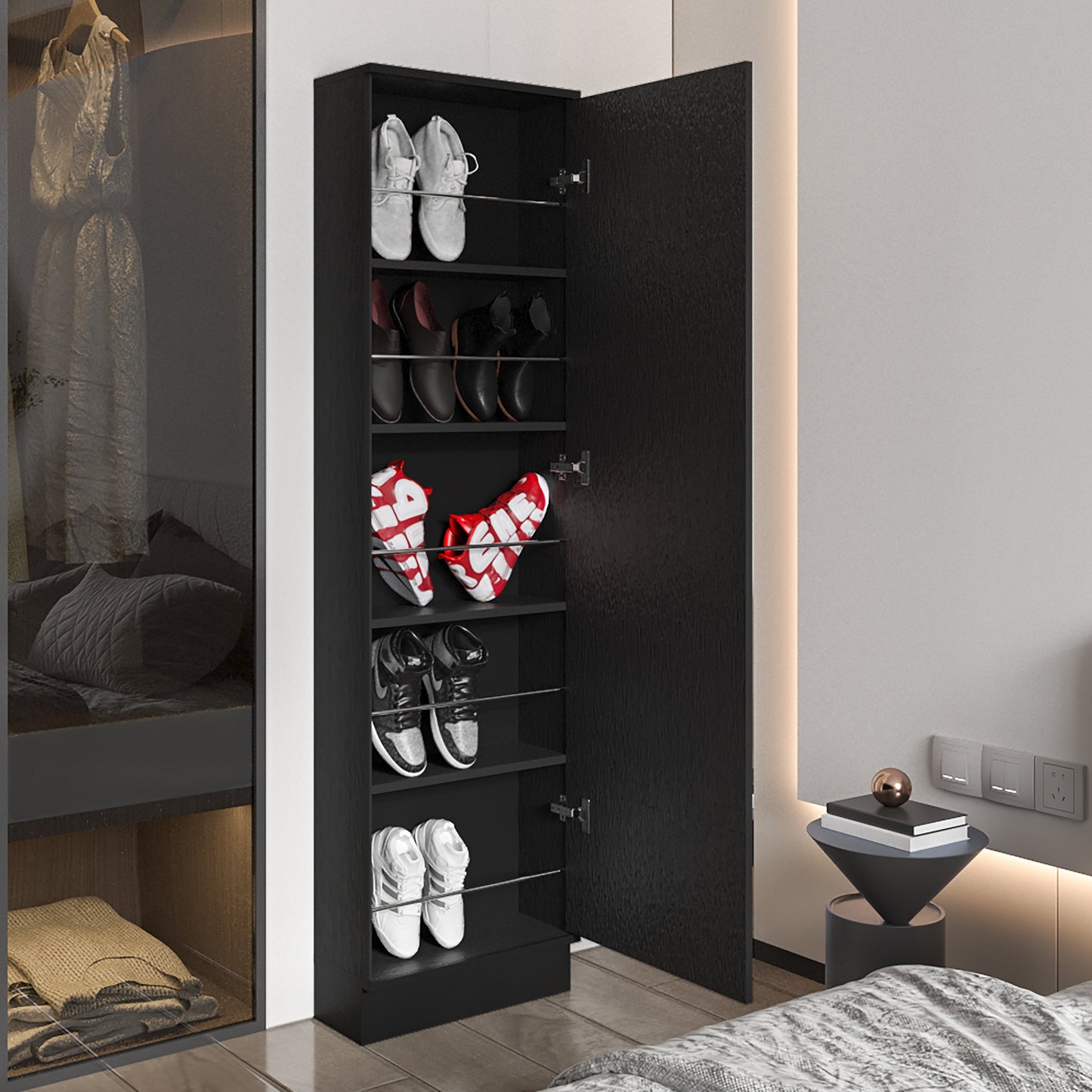 Wenge Tall Shoe Cabinet with Mirror - 74.8" Height