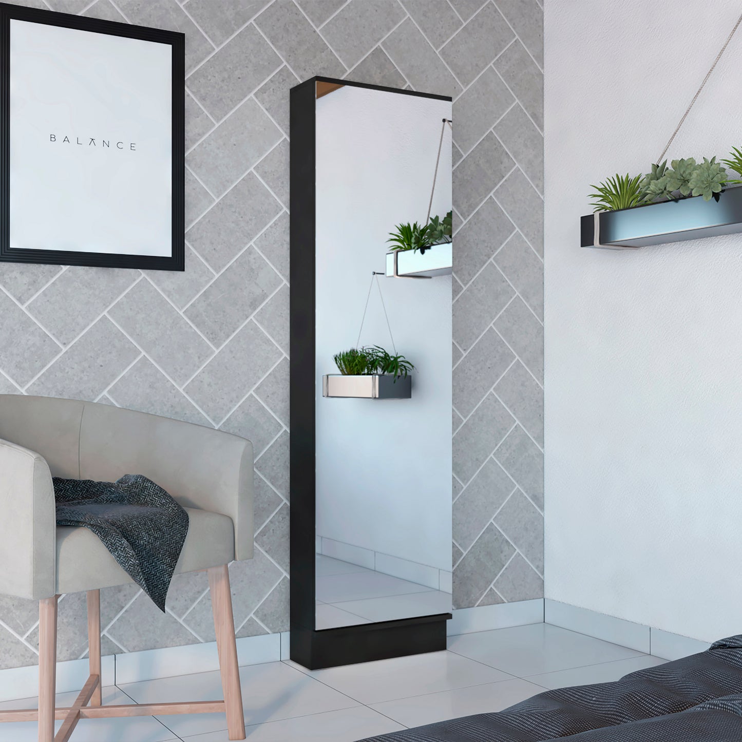 Wenge Tall Shoe Cabinet with Mirror - 74.8" Height