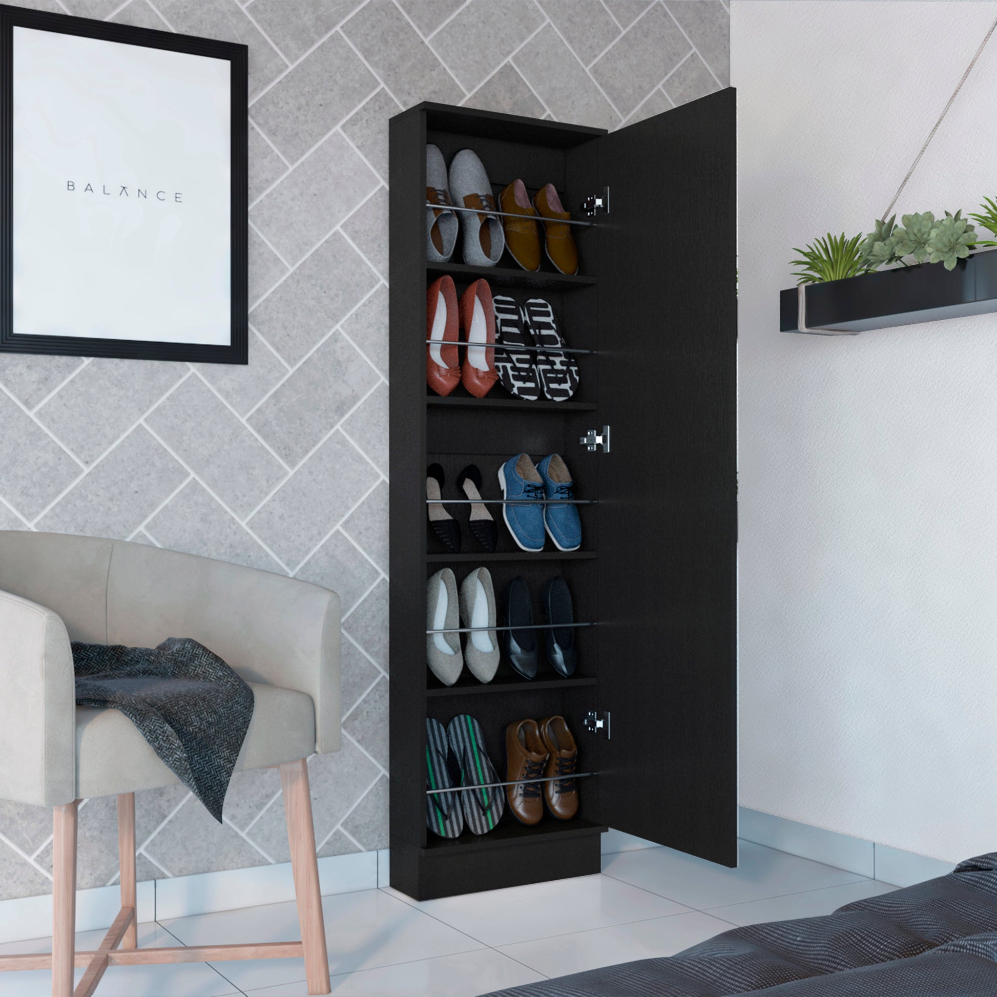 Wenge Tall Shoe Cabinet with Mirror - 74.8" Height