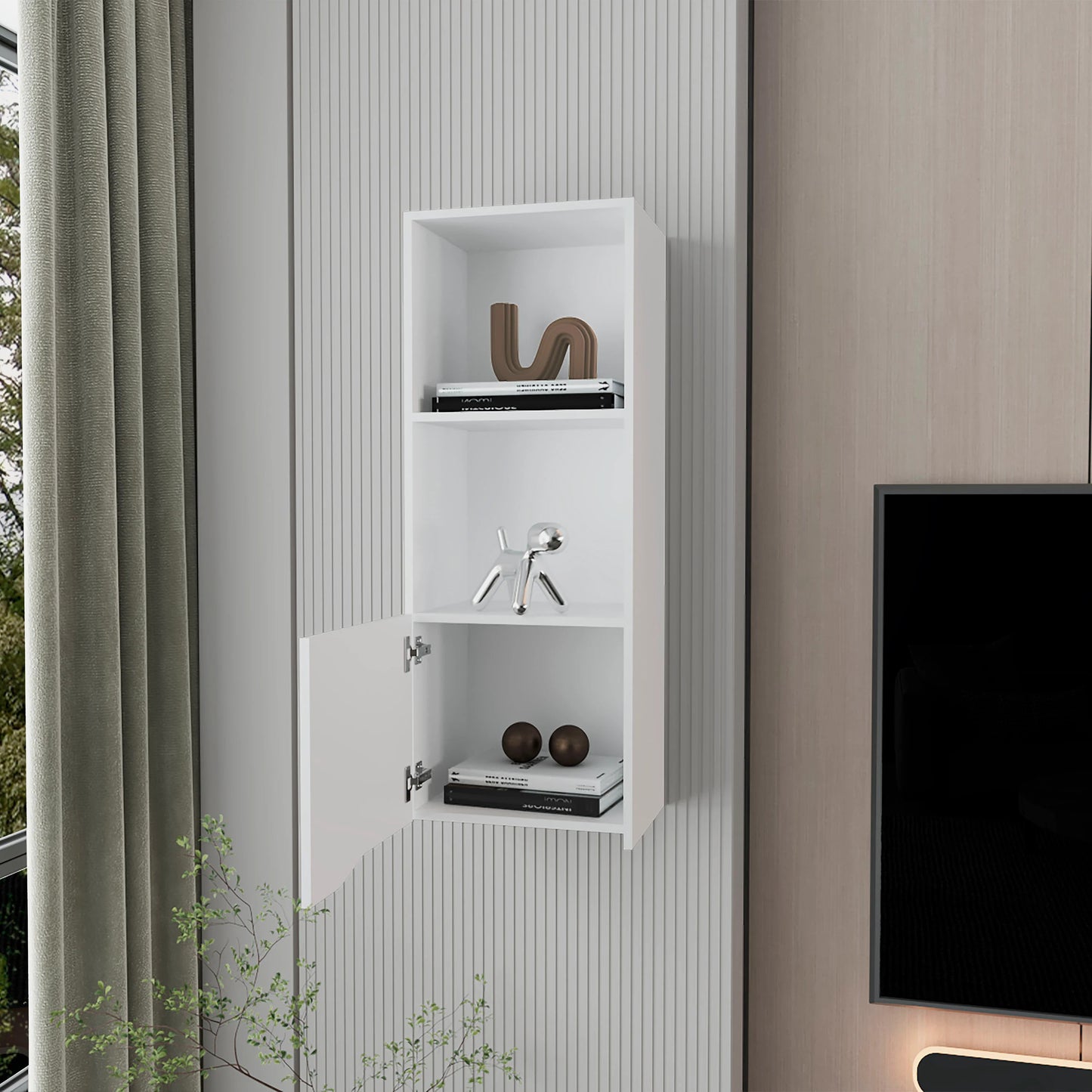 White Storage Cabinet with 3 Shelves for Living Room