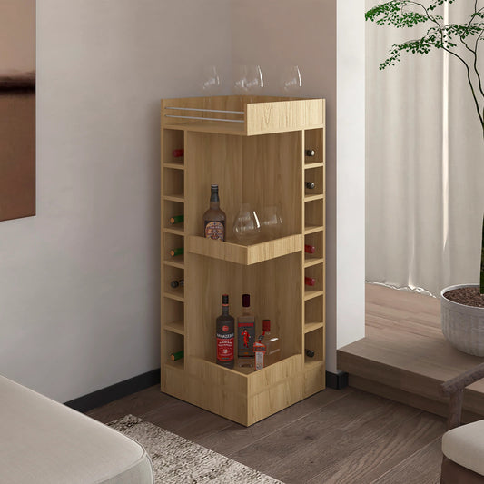 Natural Oak Corner Bar Cabinet with Wine Rack and Open Shelf