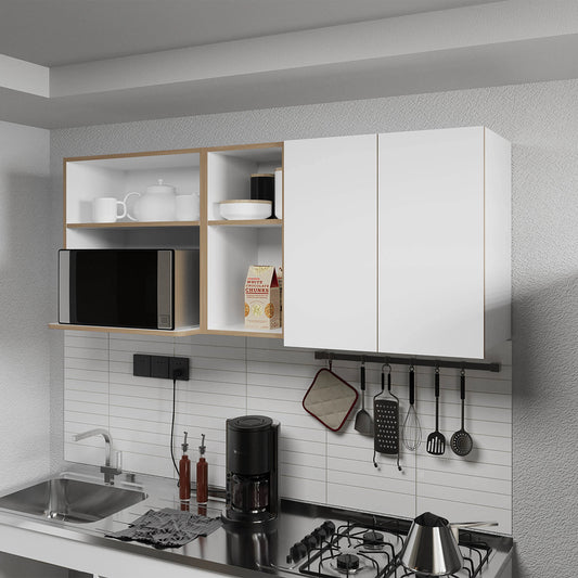 Natural Oak and White Kitchen Cabinet with Microwave Space and Open Shelf