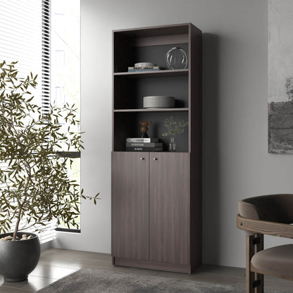 Stained Walnut Bookcase with Open Storage and 2 Doors