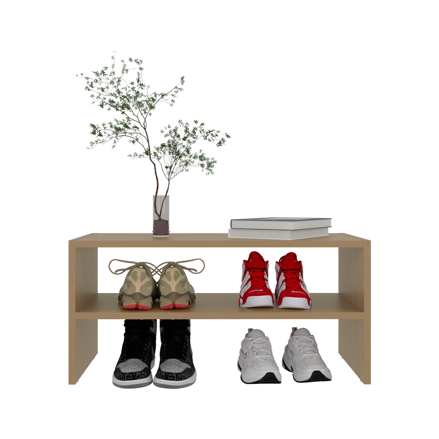 Natural Oak 2-Shelf Shoe Rack - Low Horizontal Design for Living Room