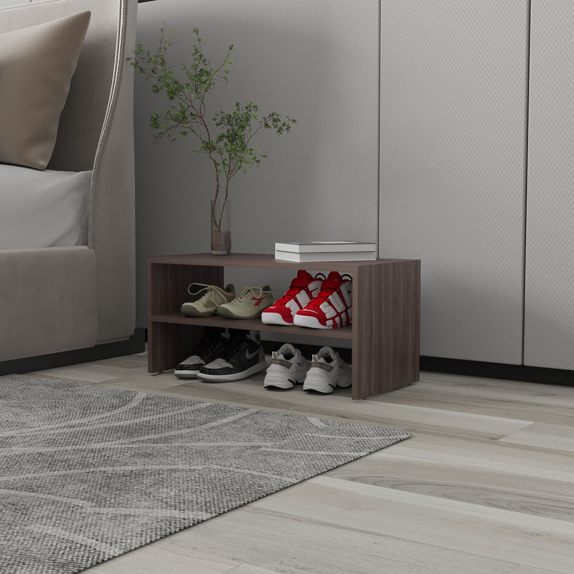 Gray Walnut Shoe Rack with 2 Shelves