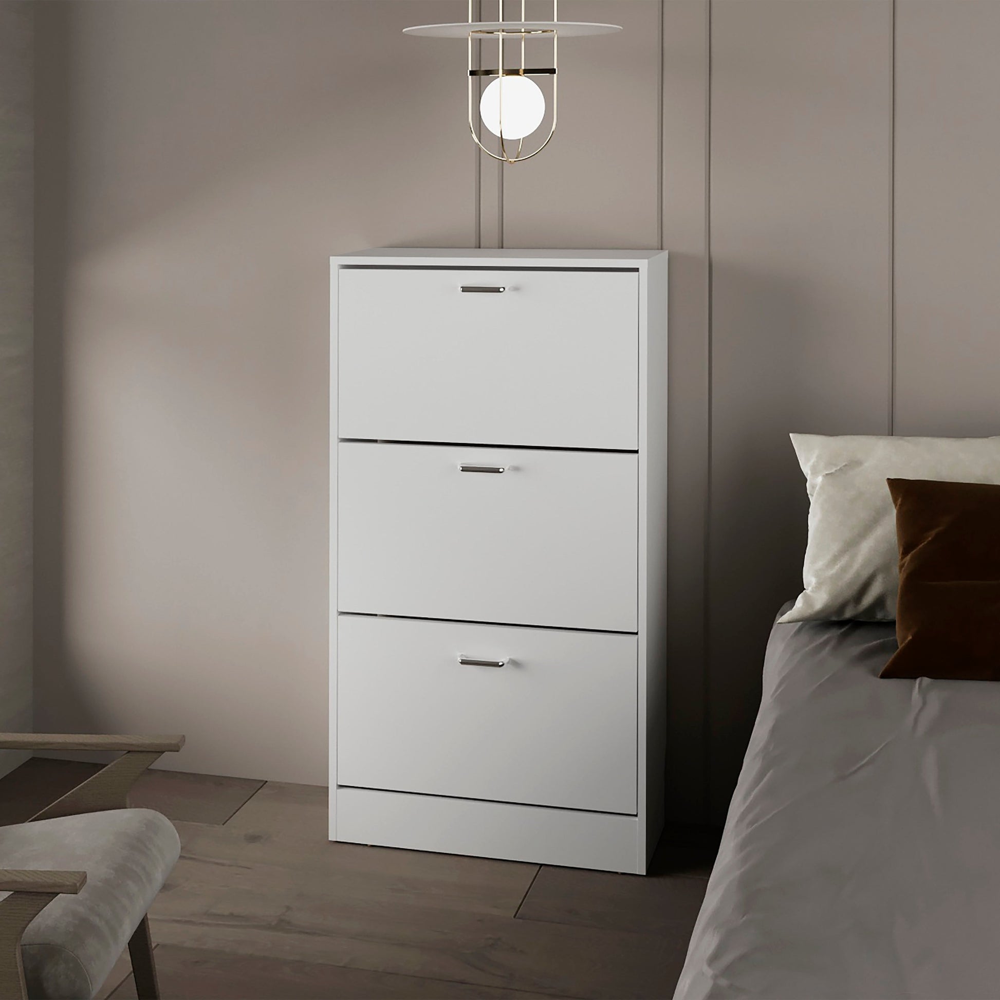 White Shoe Rack with 3 Flip-Down Compartments
