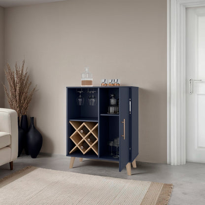Kronos Blue and Natural Oak Bar Cabinet with Wine Rack