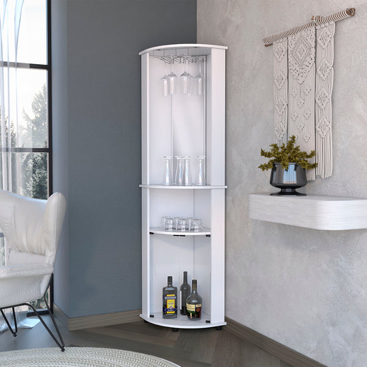 White 3-Tier Shelf Corner Bar Cabinet with Glass Rack