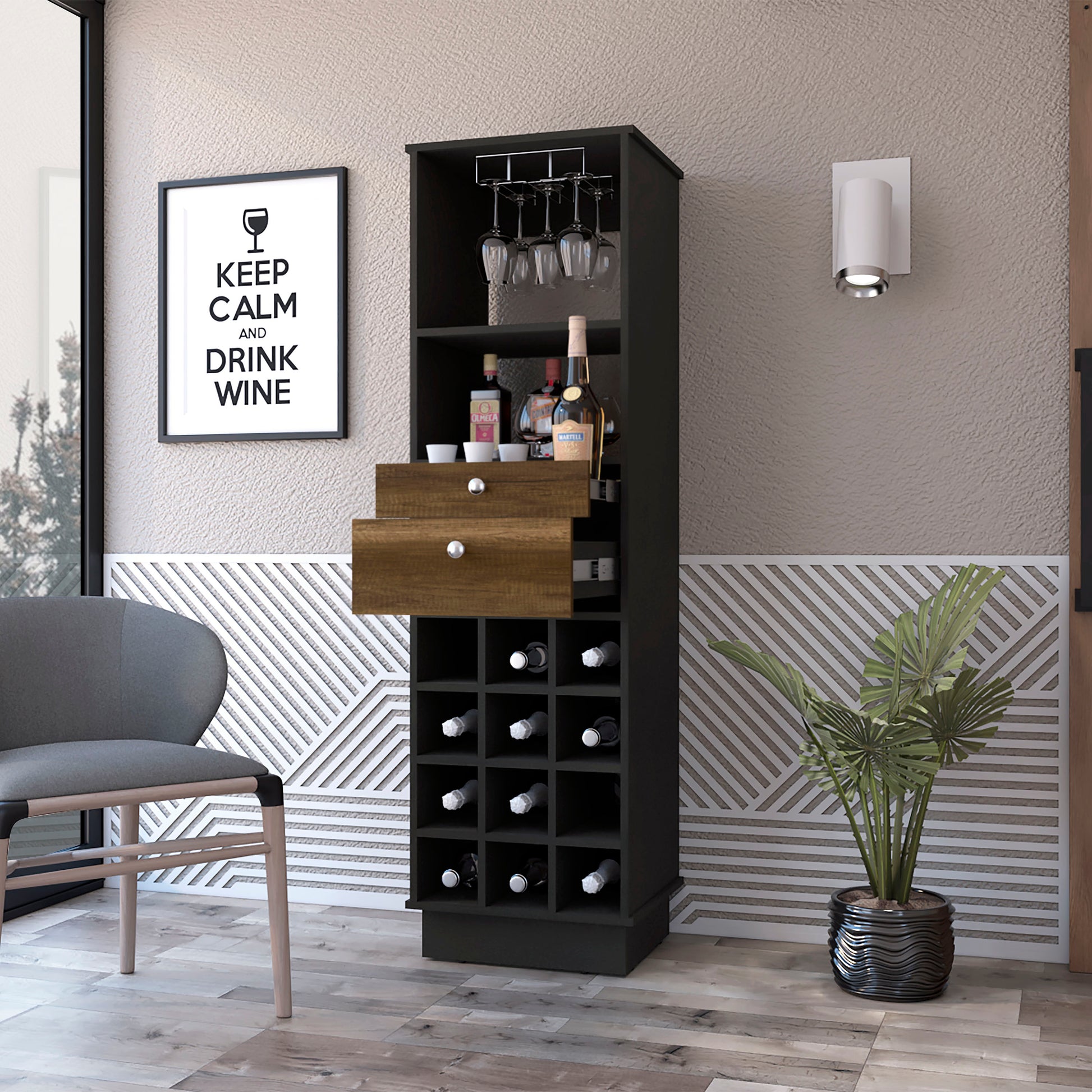 Wenge 12 Bottle Bar Cabinet with Drawers & Shelf for Living Room