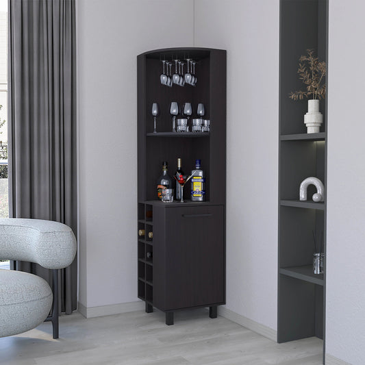 Wengue Corner Bar Cabinet with Glass Holder and Wine Rack