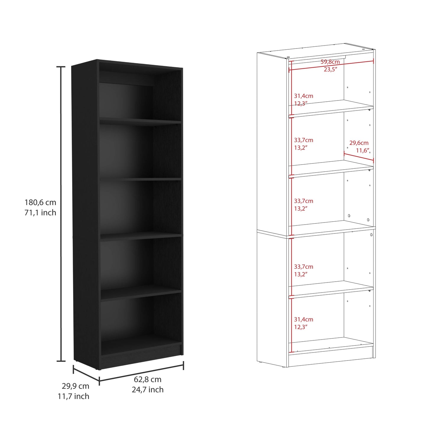 Black 4 Shelf Bookcase - Office Storage Cabinet for Living Room