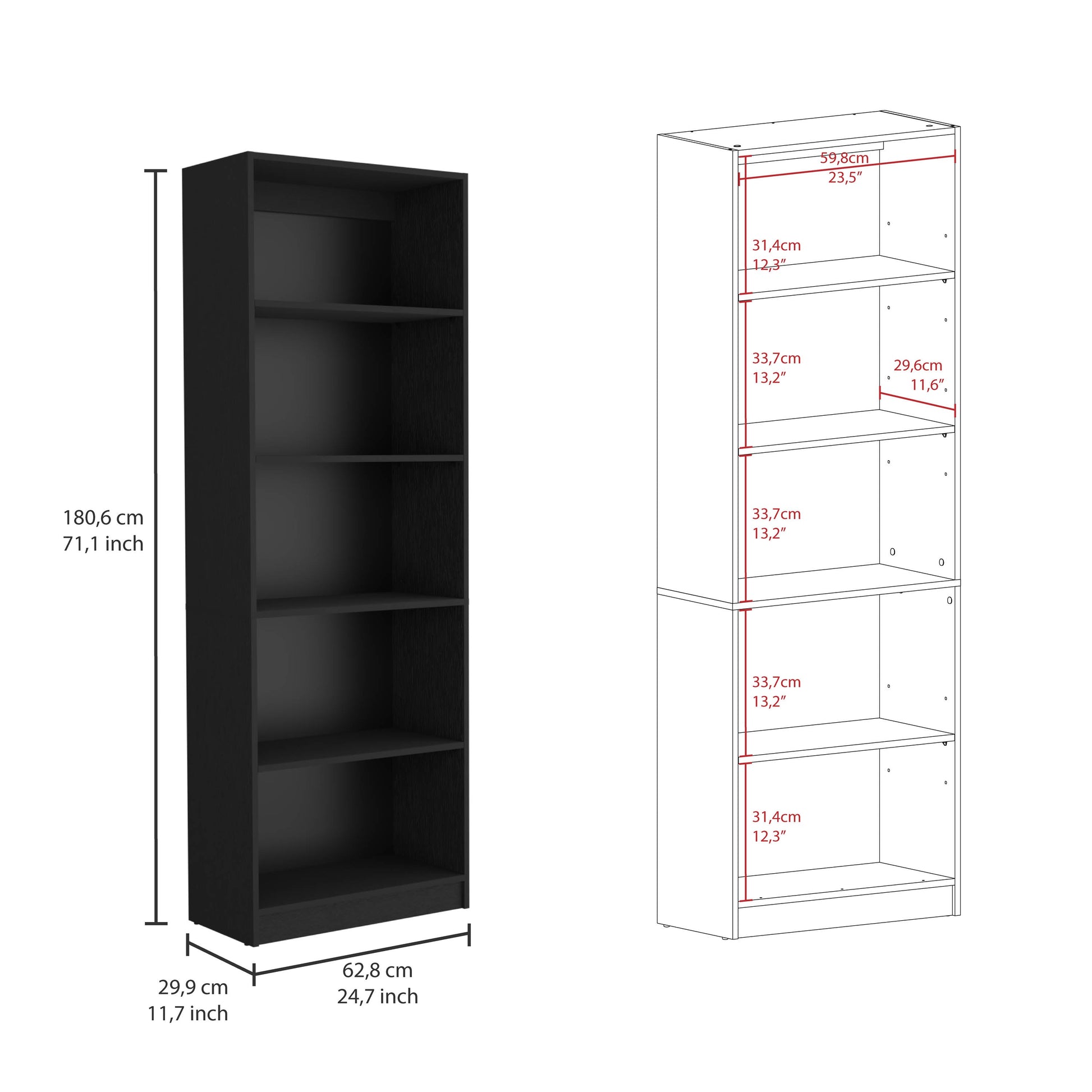 Black 4 Shelf Bookcase - Office Storage Cabinet for Living Room