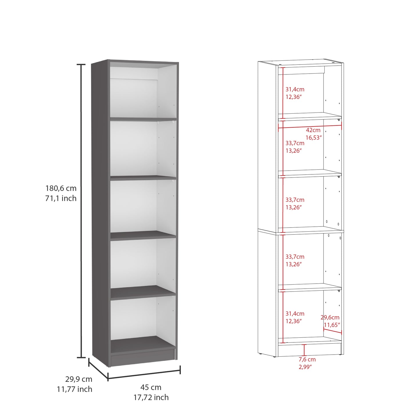 Multi-Color 5-Shelf Bookcase - Slim Design Cabinet for Living Room