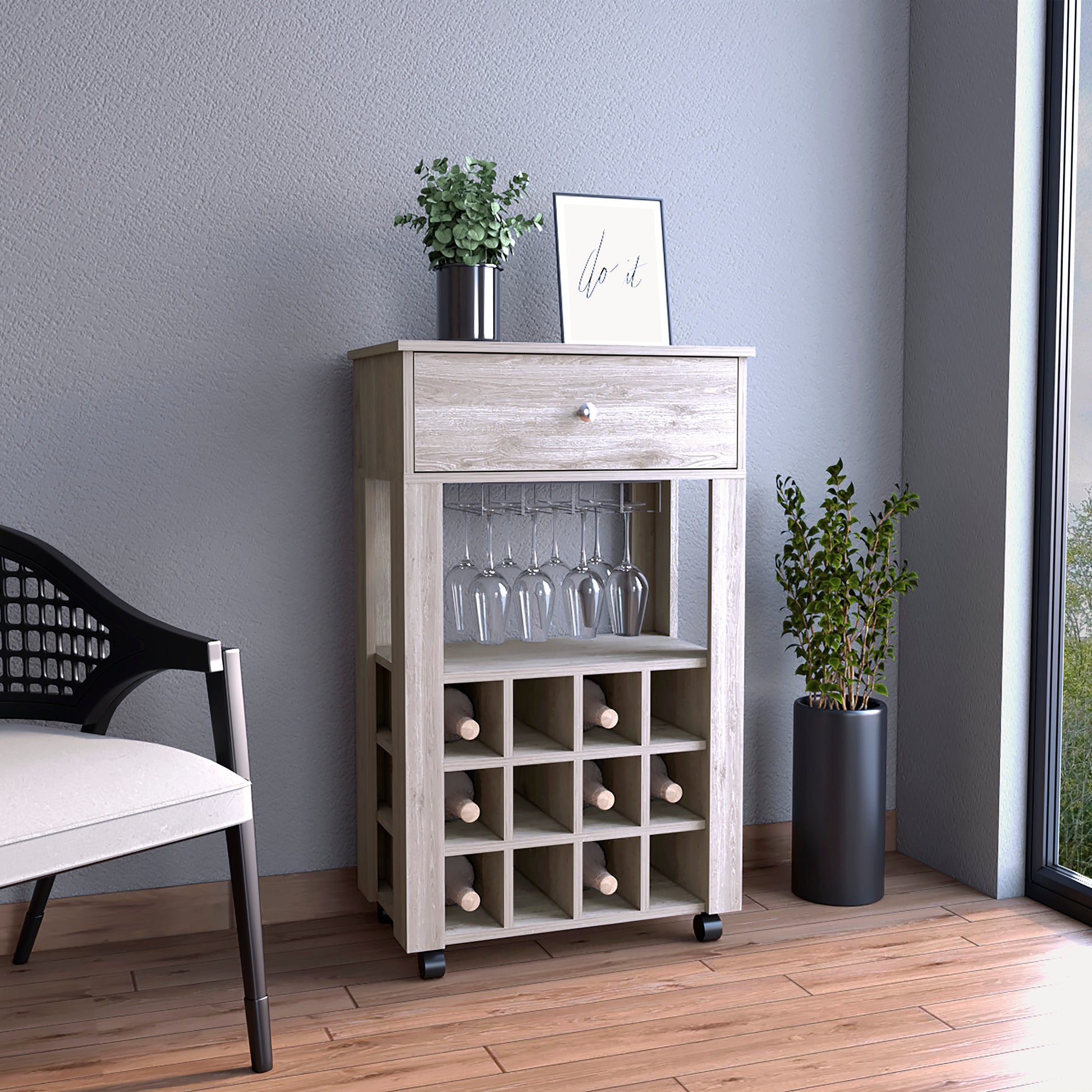 Memphis Bar Cart, Twelve Built-in Wine Rack, Four Legs, One Open Shelf -Light Gray