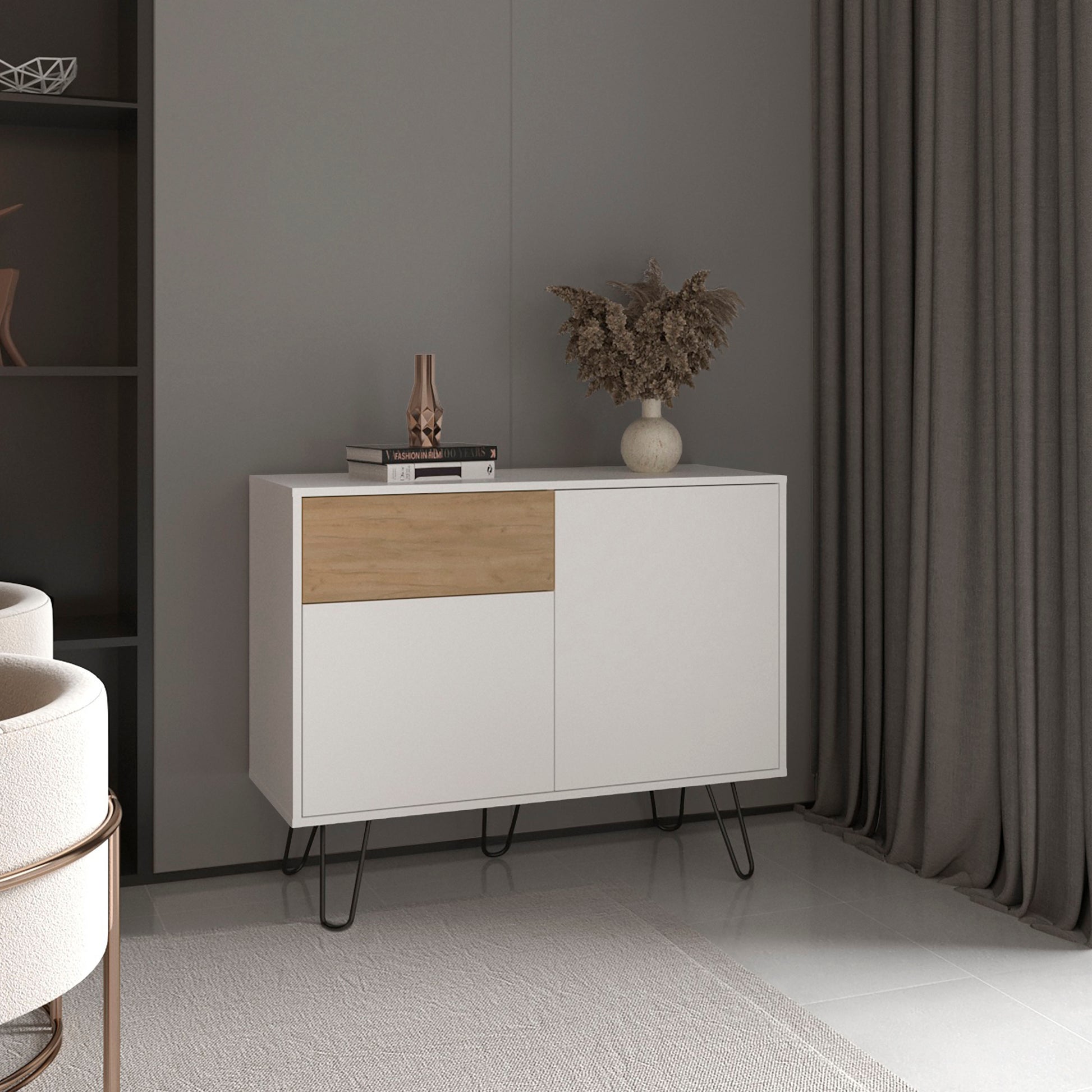 Tori 39" Wide Console Table With Two Cabinets, One Drawer and Four Shelves, White - Natural Oak
