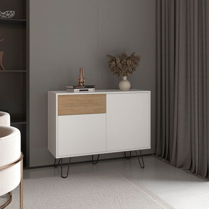 Tori 39" Wide Console Table With Two Cabinets, One Drawer and Four Shelves, White - Natural Oak