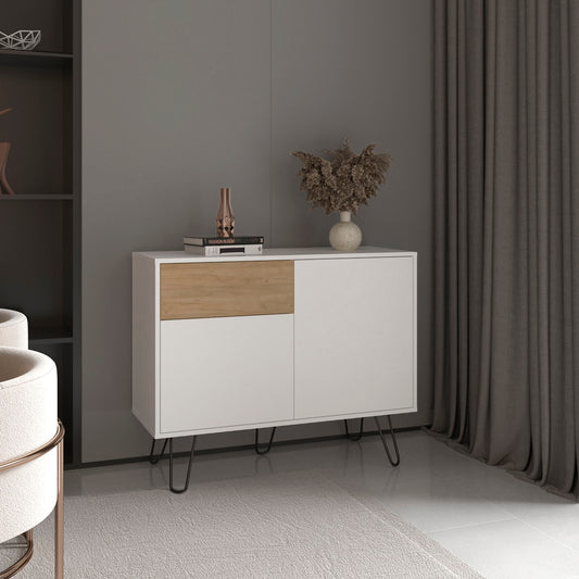 Tori 39" Wide Console Table With Two Cabinets, One Drawer and Four Shelves, White - Natural Oak