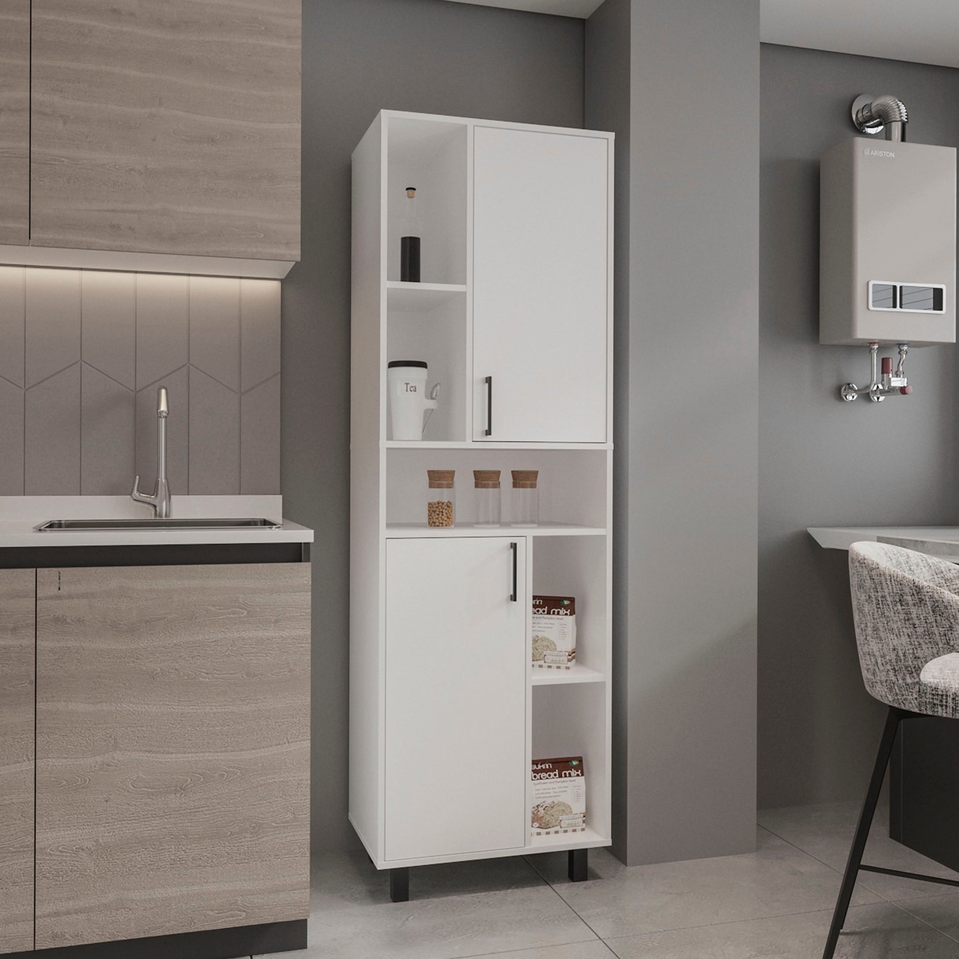 Bryce Pantry Cabinet With Two Doors And Multiple Storage Compartments, White