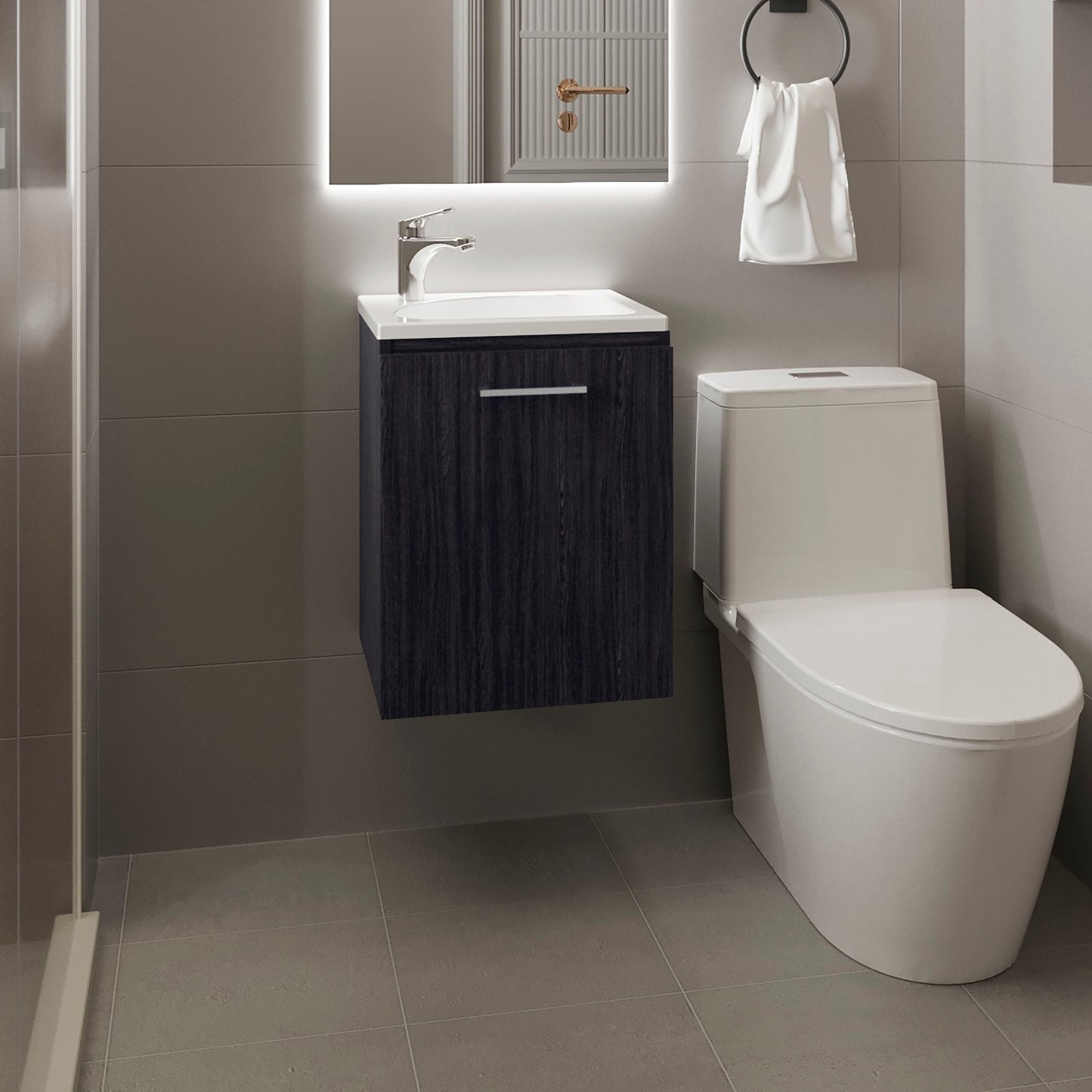 Saju Floating, Wide One-Door Cabinet Vanity, With Resin Sink And One Shelf, Bathroom Storage, Black