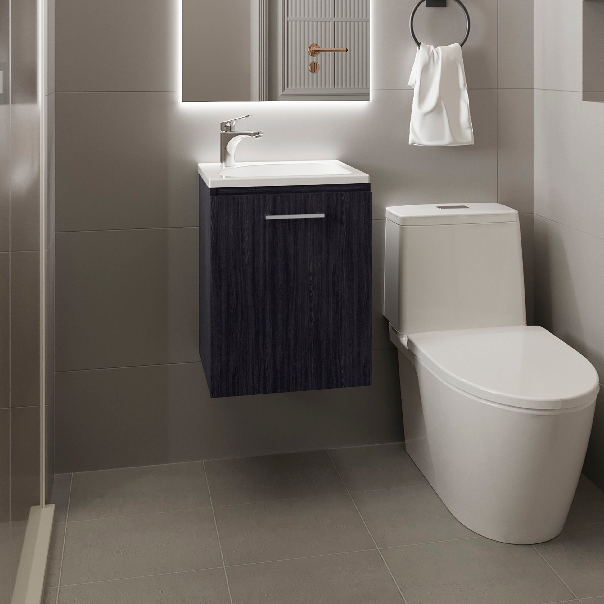 Saju Floating, Wide One-Door Cabinet Vanity, With Resin Sink And One Shelf, Bathroom Storage, Black